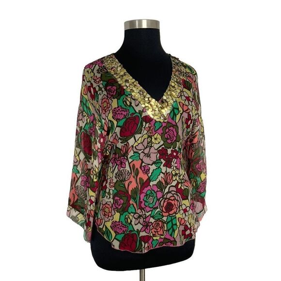 Tom K Nguyen L Multi-Color Floral Silk Top Sheer Sequin Y2K VTG Boho Art To Wear - Picture 1 of 13